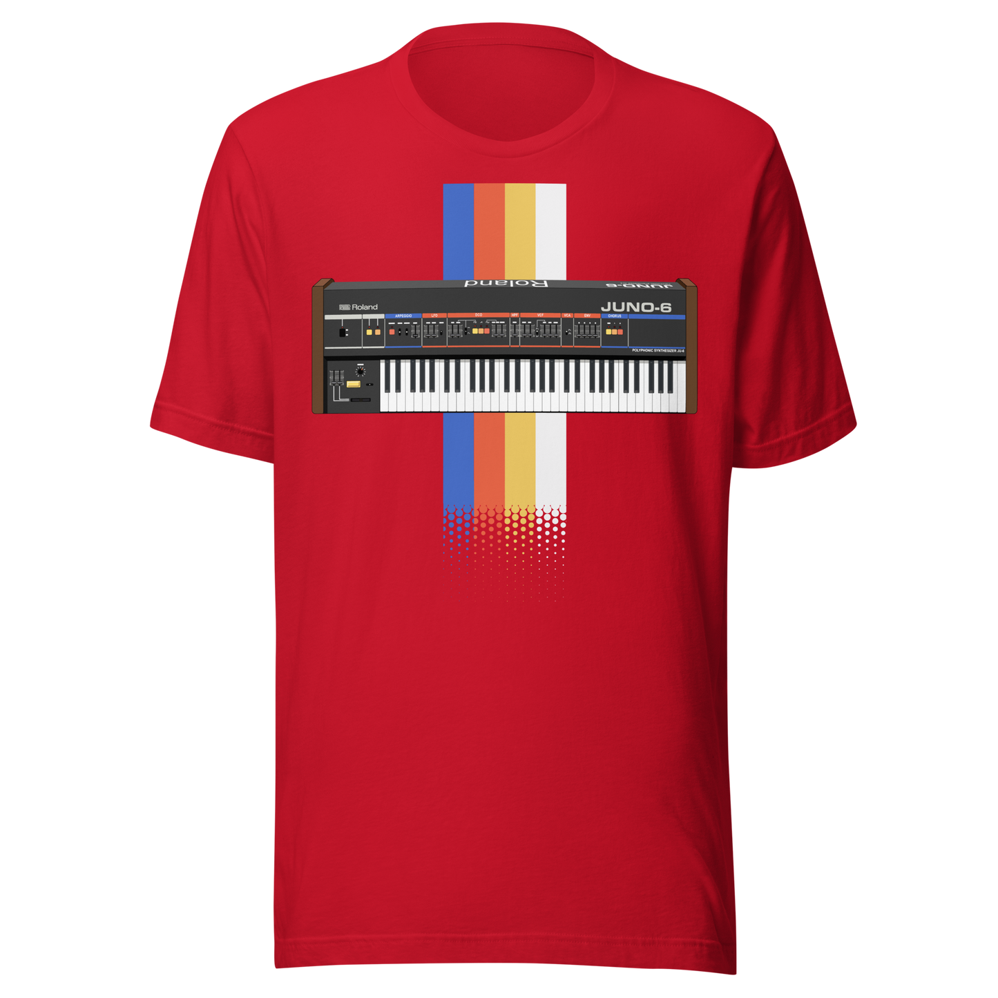 Roland Juno T Shirt red tee with Juno-style analogue synthesizer graphic