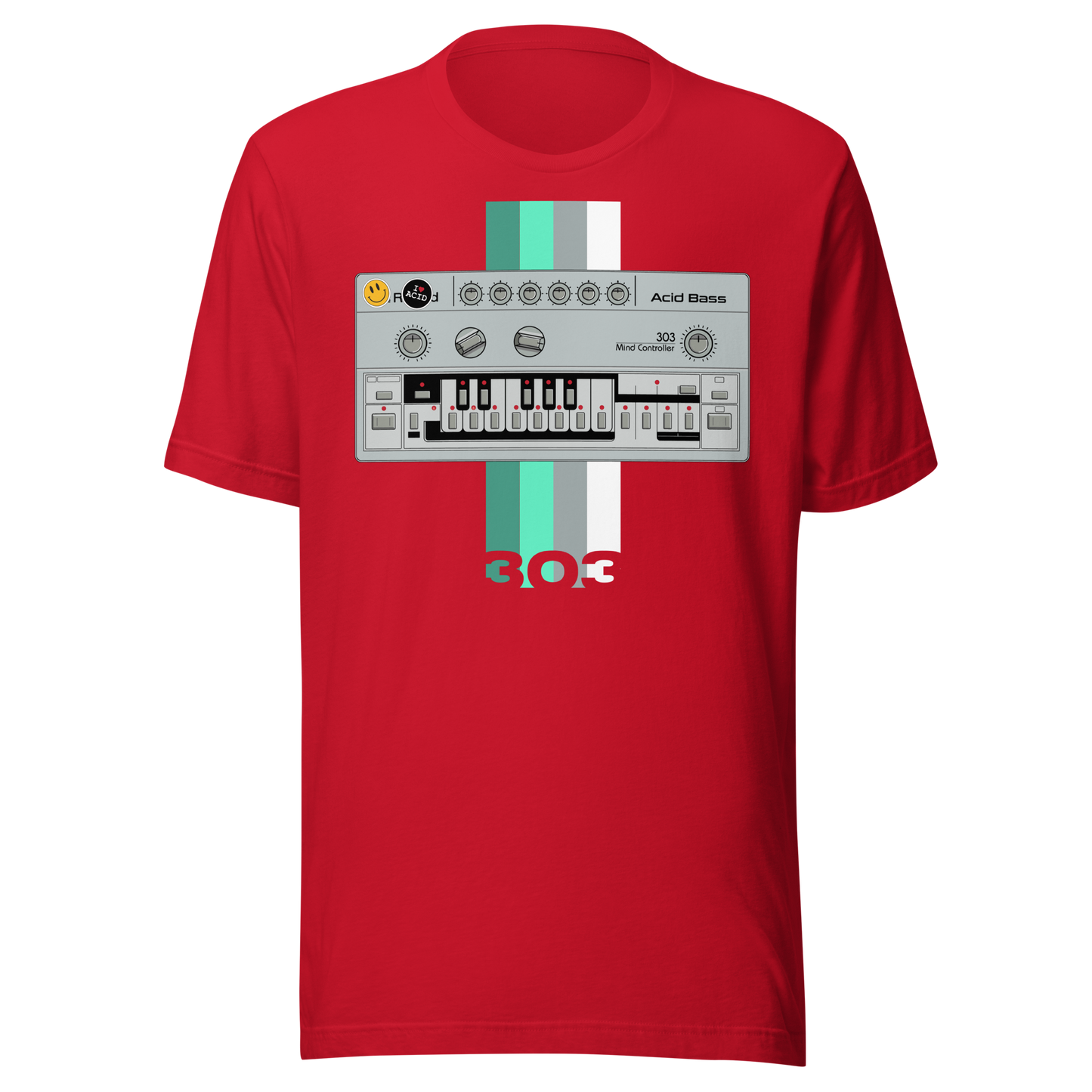 TB 303 T Shirt red tee with Roland TB-303-inspired acid house synth graphic