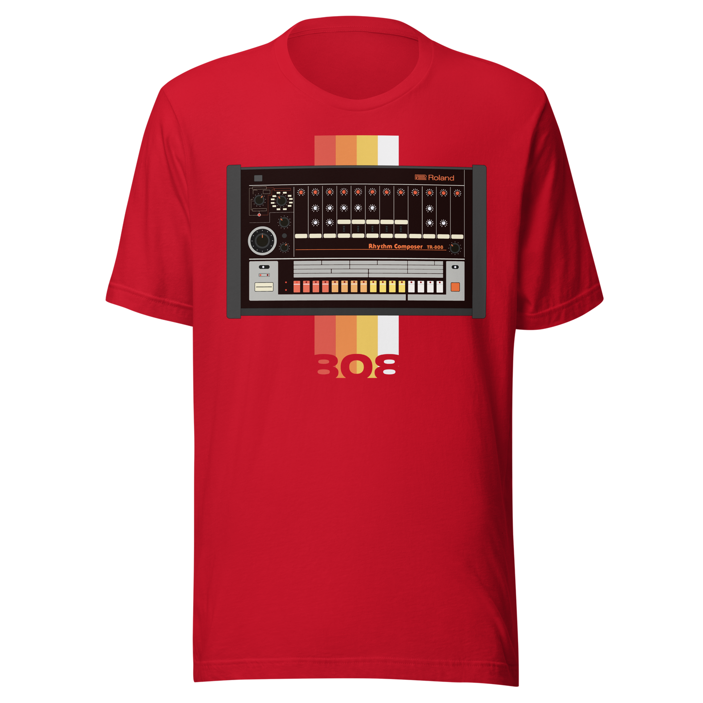 Roland 808 T Shirt red tee with TR-808-inspired drum machine graphic