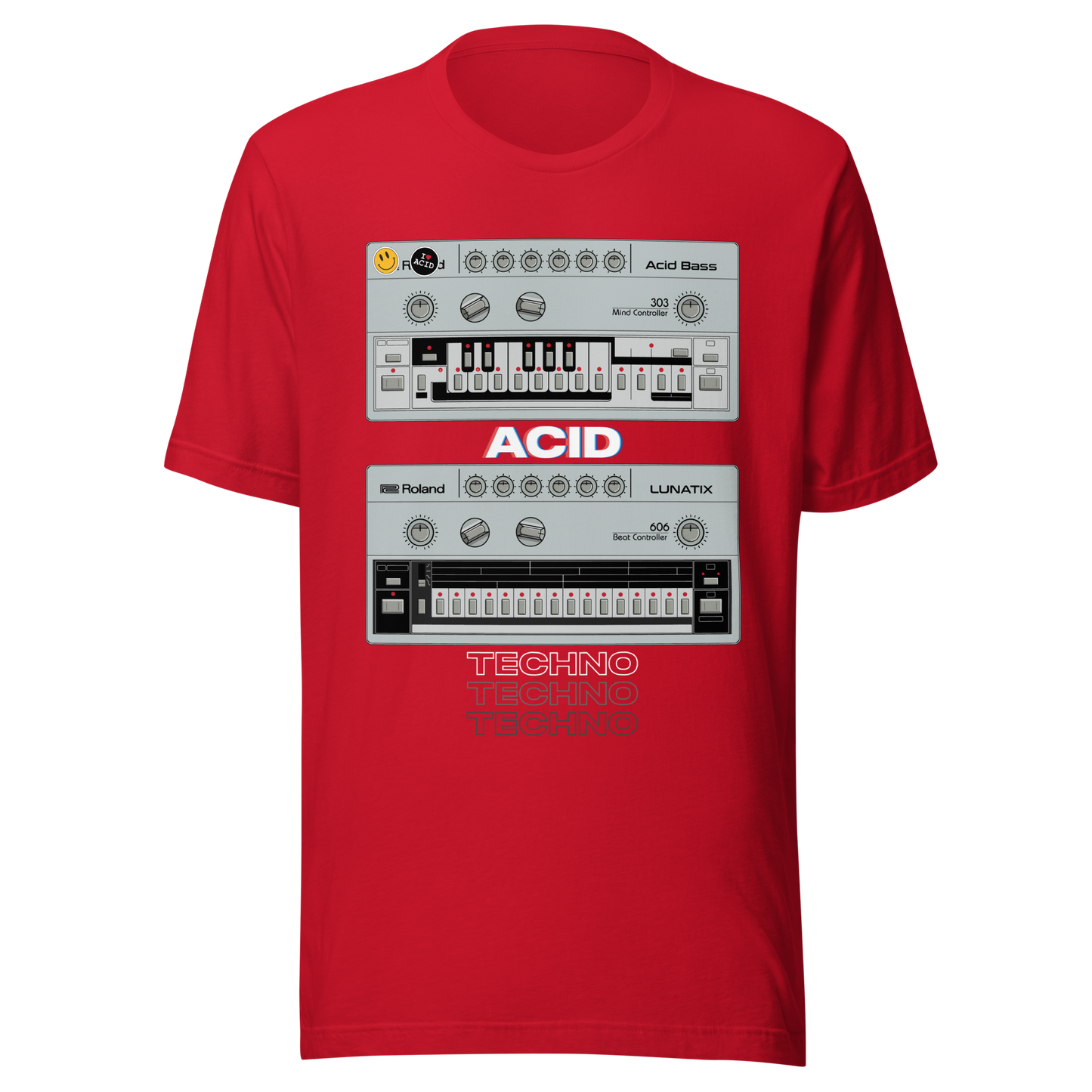 Acid Techno T Shirt red tee with 303 bass synth and 606 drum machine-inspired graphic