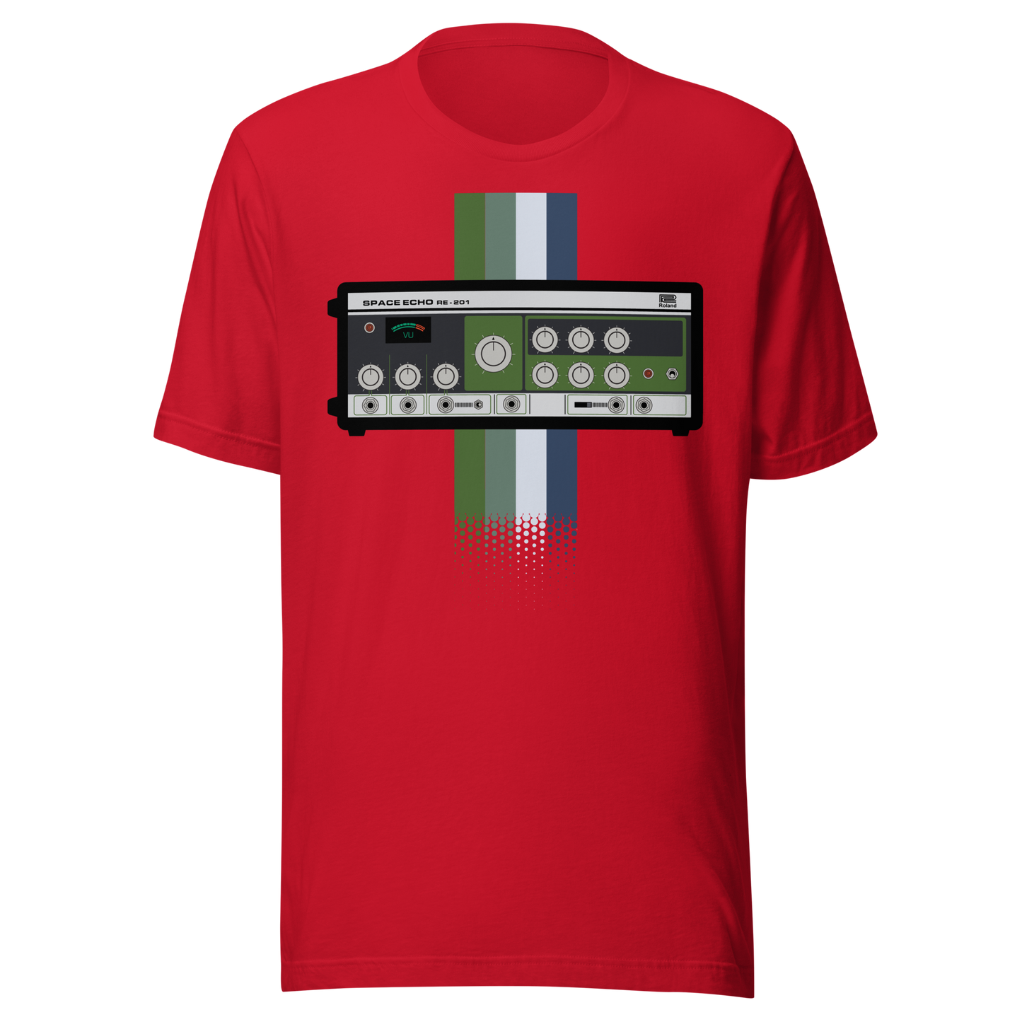 Space Echo T Shirt red tee with Roland Space Echo-inspired tape delay graphic