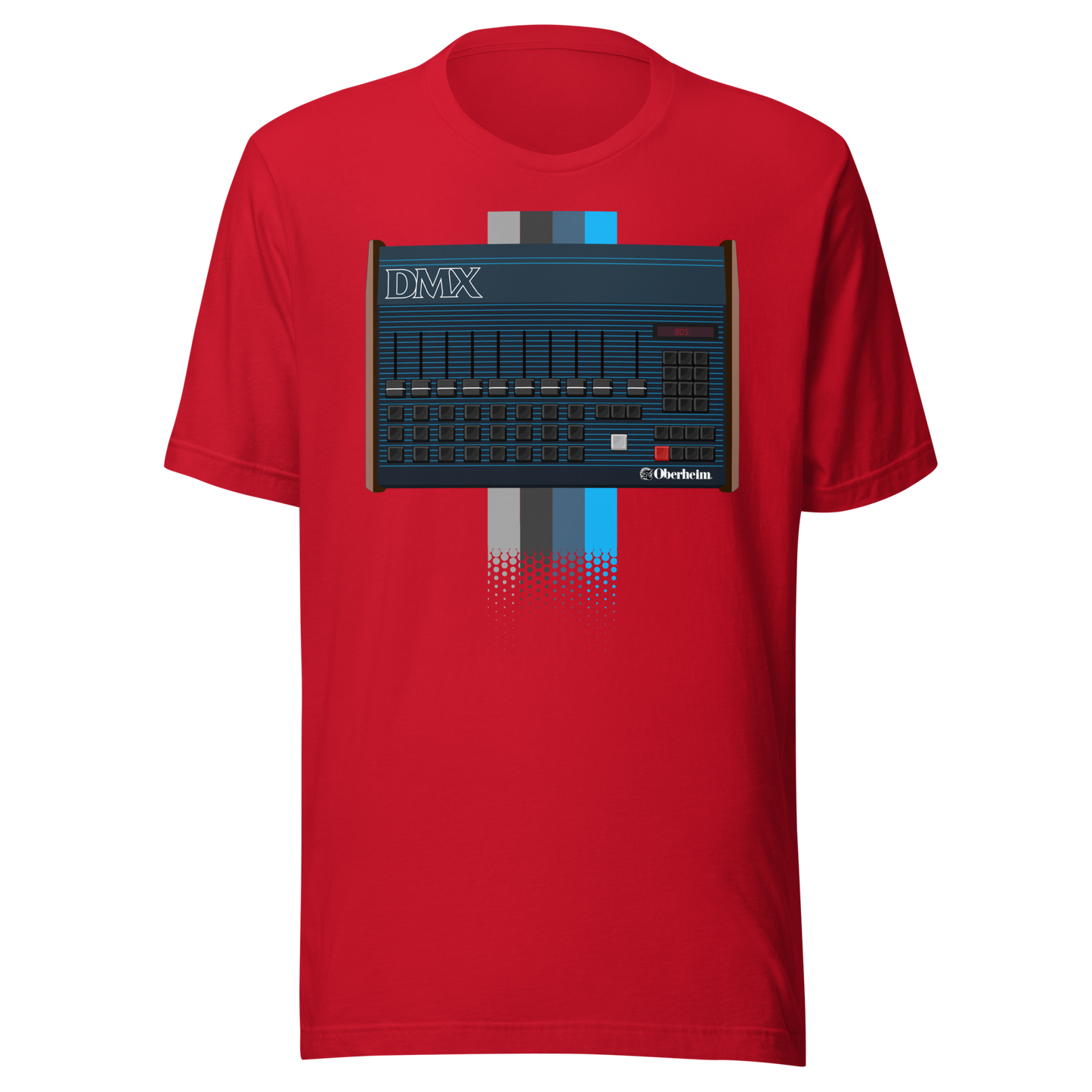 DMX T Shirt red tee with Oberheim DMX-inspired drum machine graphic