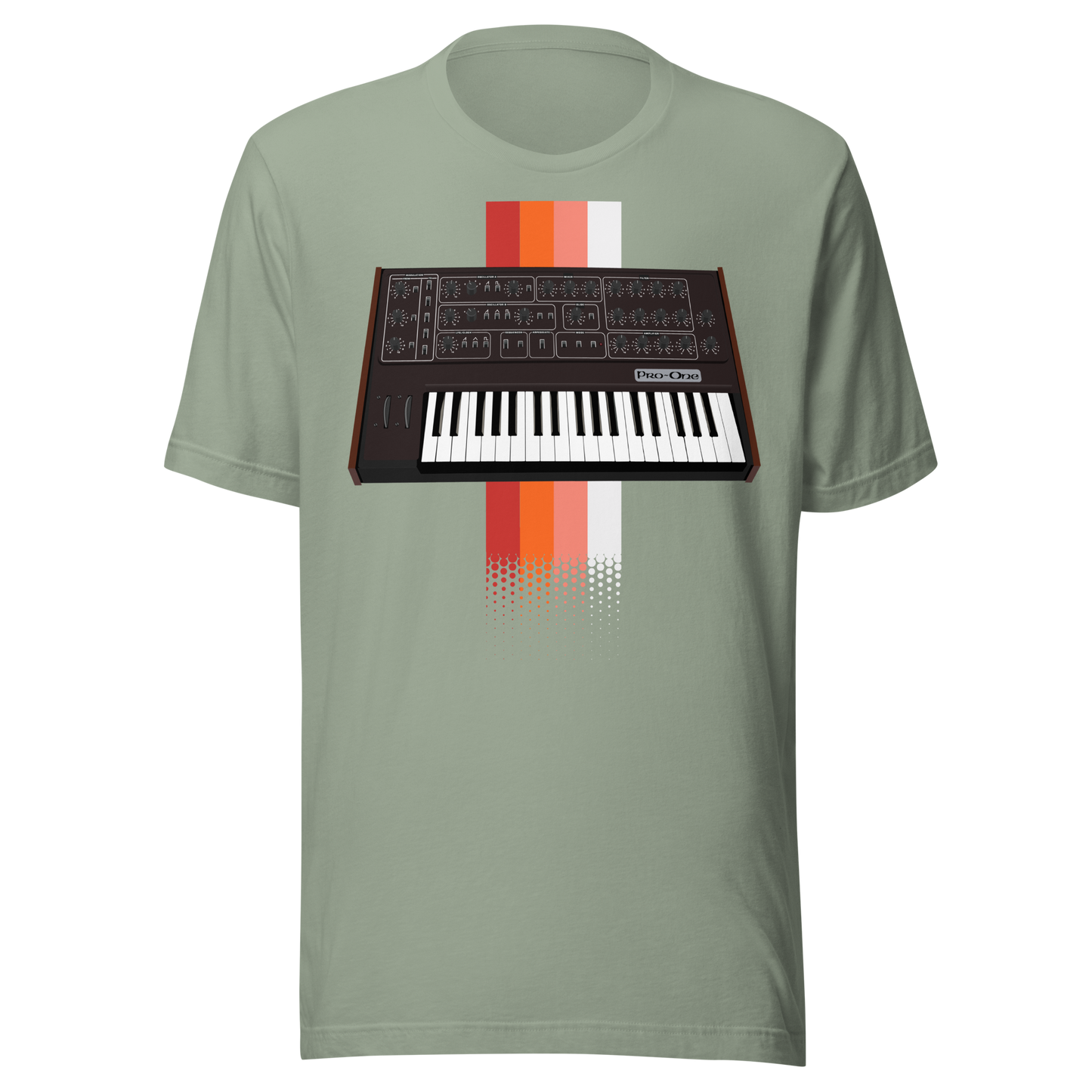 Pro One T Shirt sage tee with Sequential Circuits Pro-One-inspired synth graphic