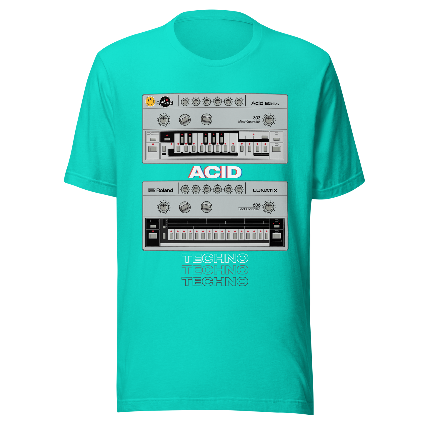 Acid Techno T Shirt teal tee with 303 bass synth and 606 drum machine-inspired graphic