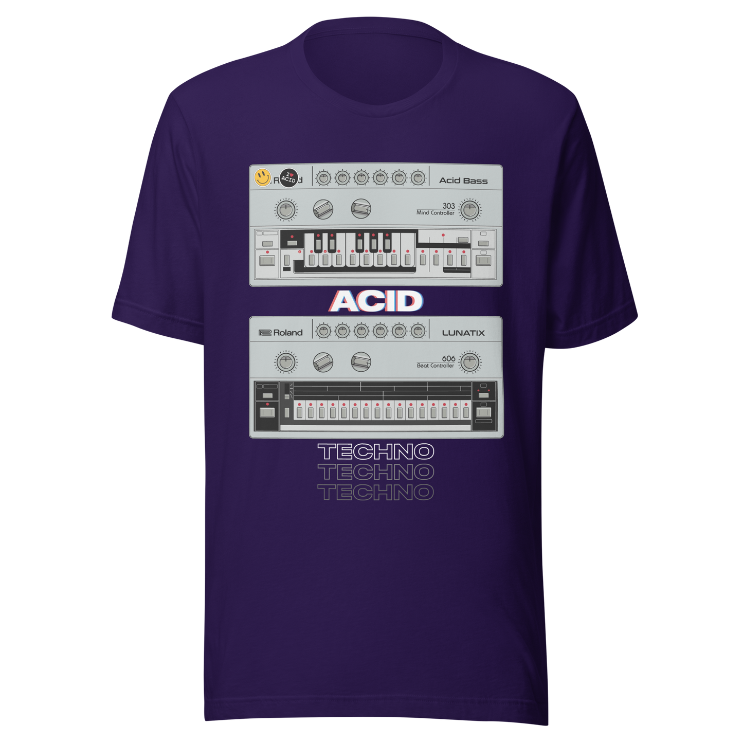 Acid Techno T Shirt team purple tee with 303 bass synth and 606 drum machine-inspired graphic