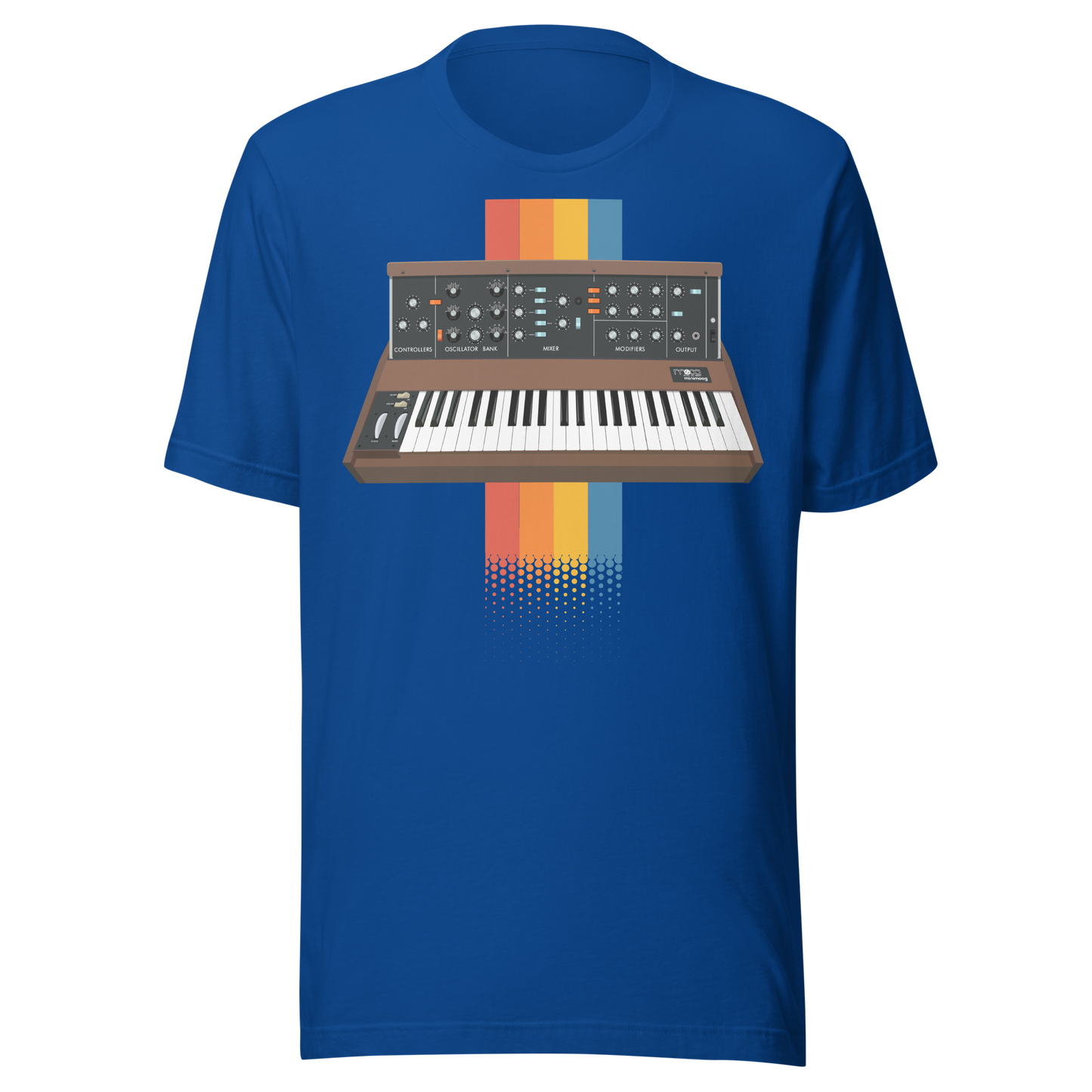 Moog Synthesizer T Shirt true royal tee with Minimoog and Model D-style synth graphic