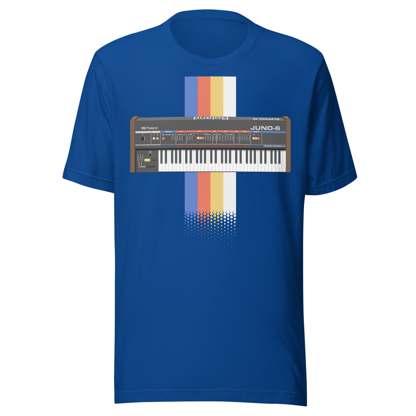 Roland Juno T Shirt true royal tee with Juno-style analogue synthesizer graphic