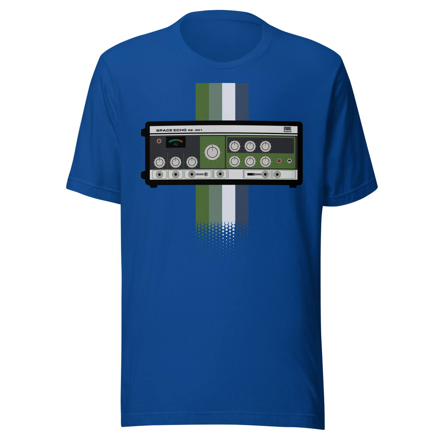 Space Echo T Shirt true royal tee with Roland Space Echo-inspired tape delay graphic