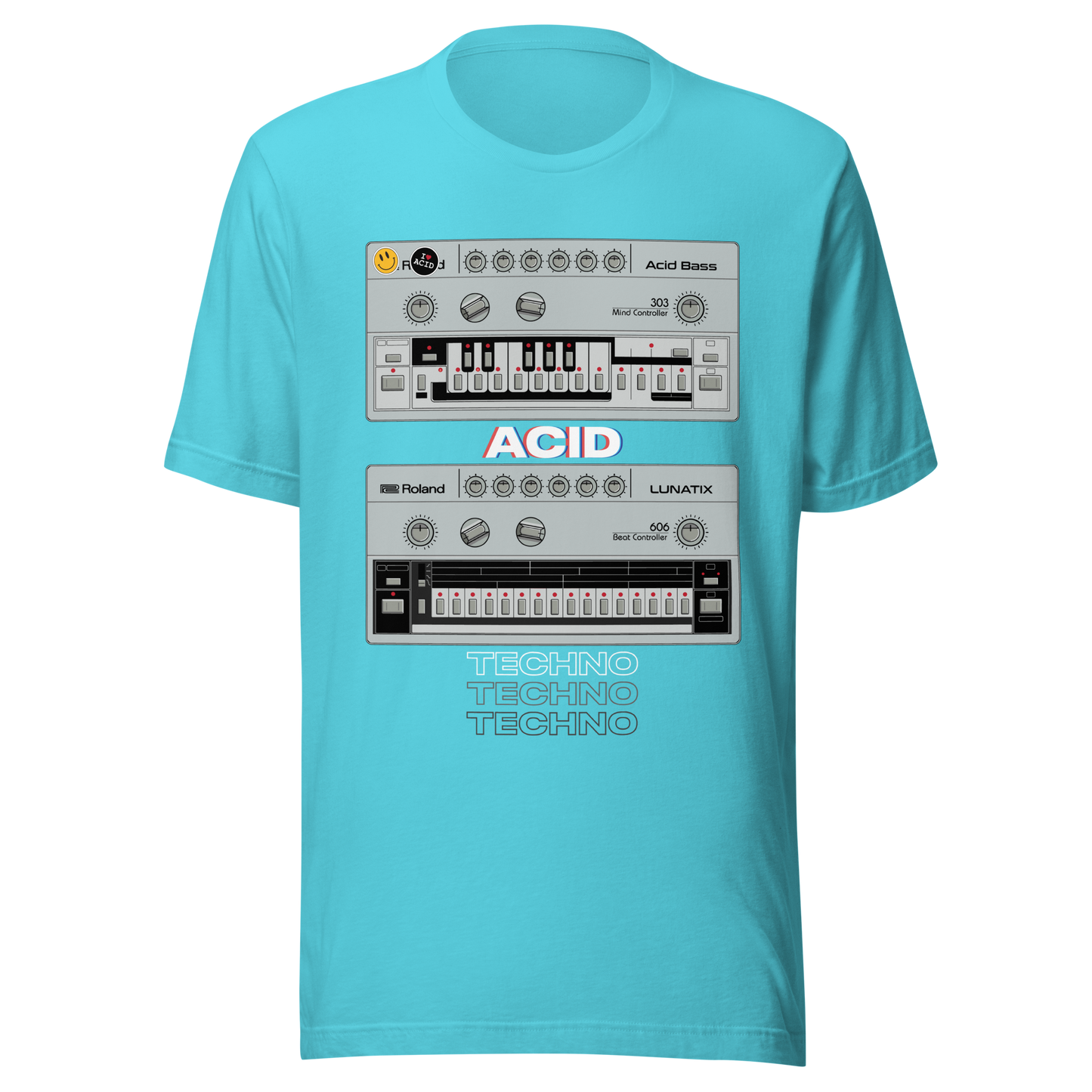 Acid Techno T Shirt turquoise tee with 303 bass synth and 606 drum machine-inspired graphic