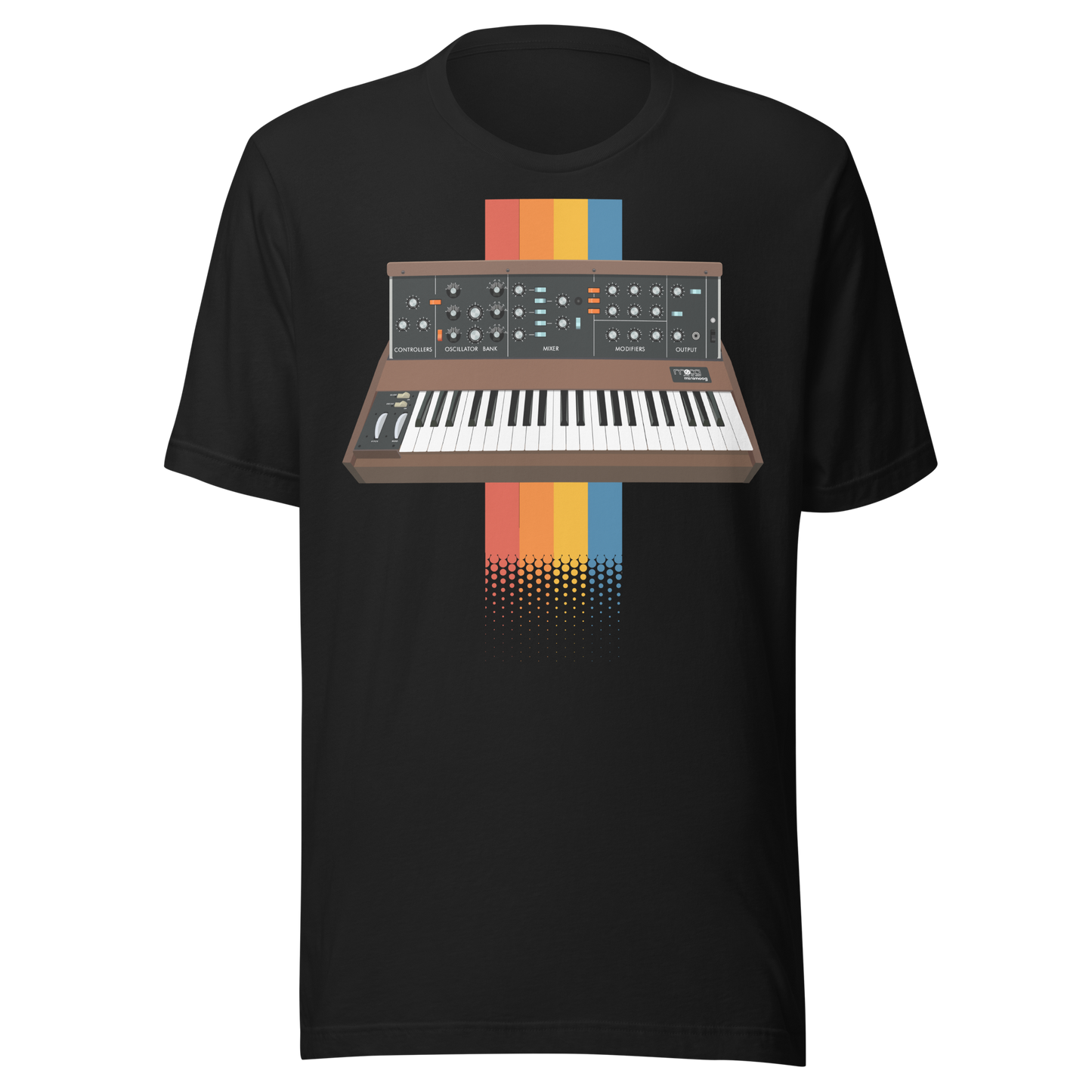 Moog Synthesizer T Shirt vintage black tee with Minimoog and Model D-style synth graphic