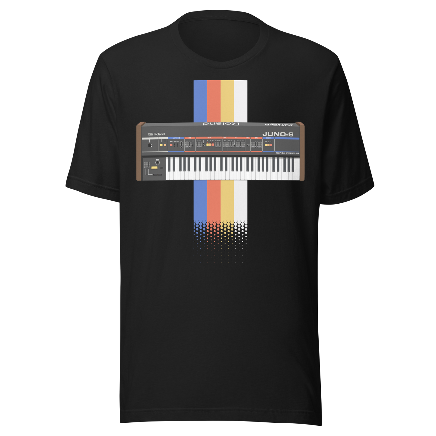 Roland Juno T Shirt vintage black tee with Juno-style analogue synthesizer graphic