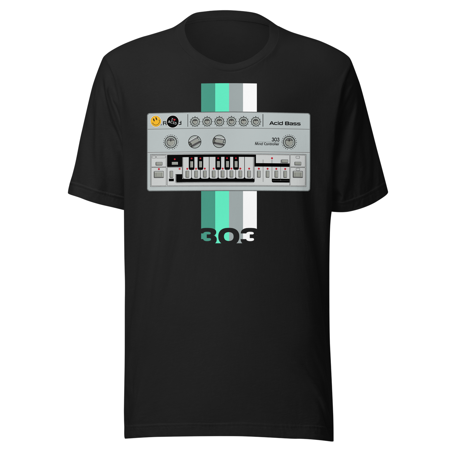 TB 303 T Shirt vintage black tee with Roland TB-303-inspired acid house synth graphic