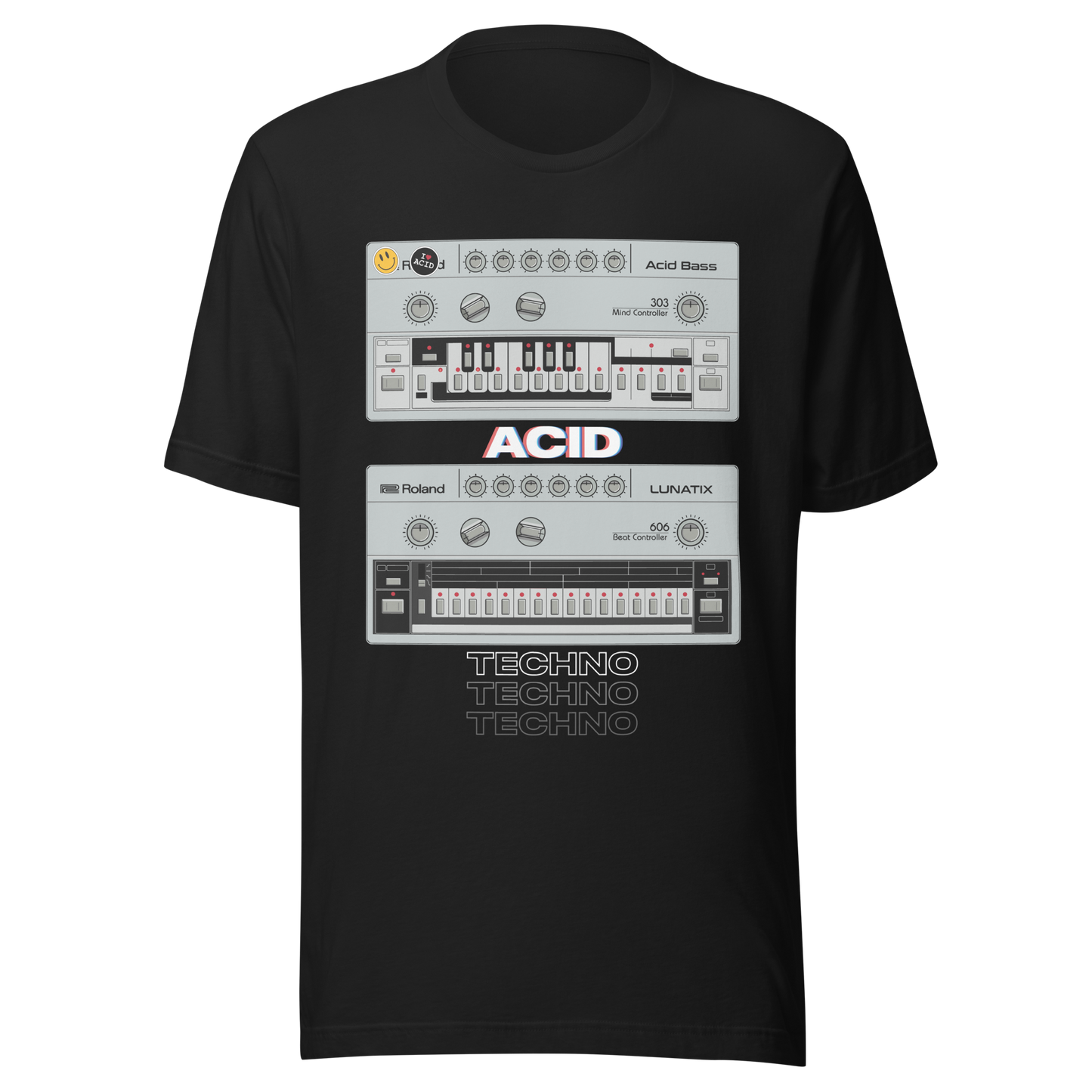 Acid Techno T Shirt vintage black tee with 303 bass synth and 606 drum machine-inspired graphic