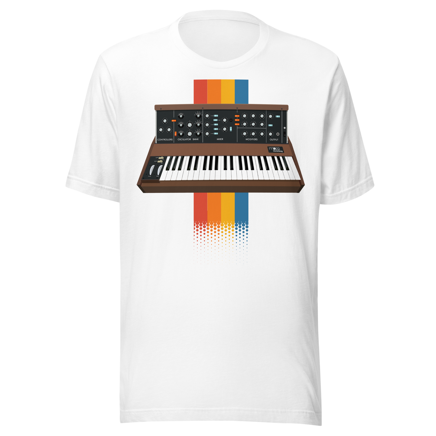 Moog Synthesizer T Shirt white tee with Minimoog and Model D-style synth graphic