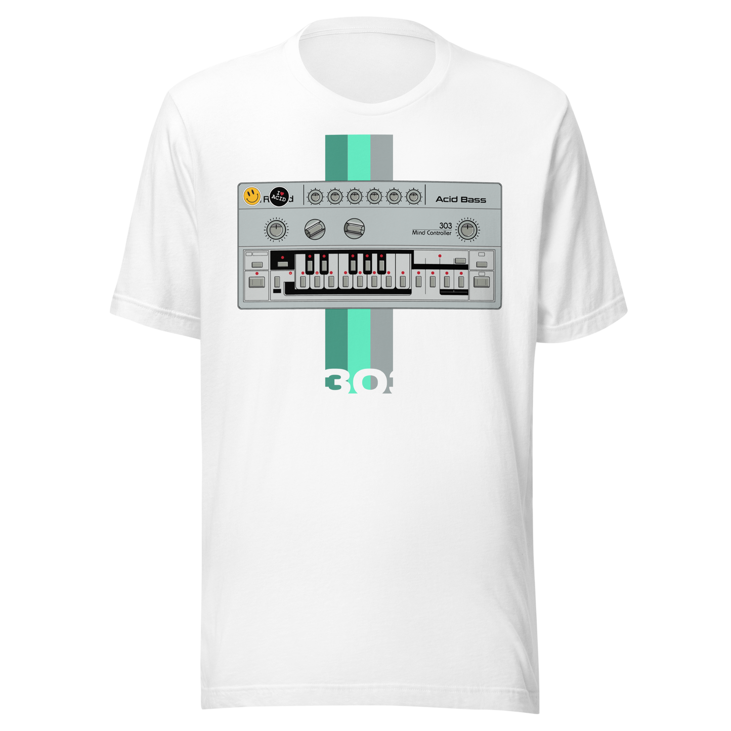 TB 303 T Shirt white tee with Roland TB-303-inspired acid house synth graphic