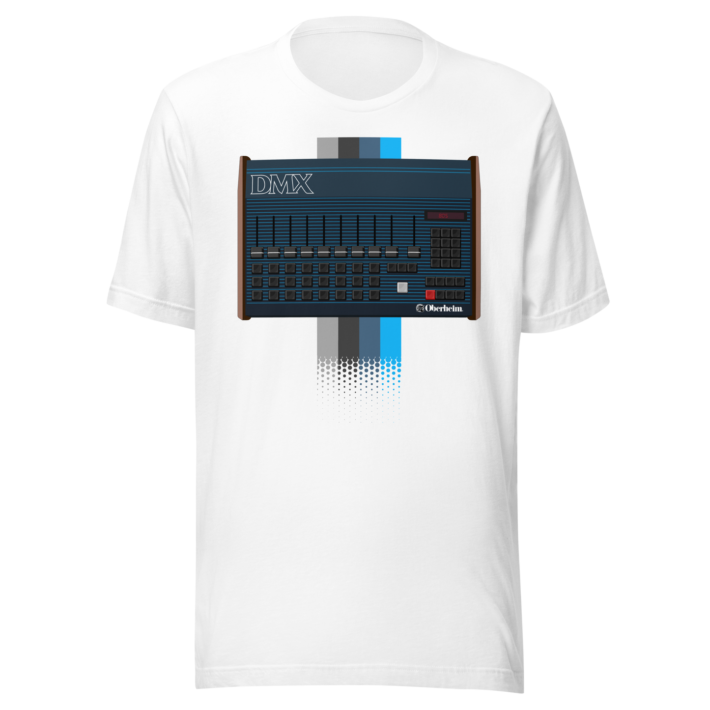 DMX T Shirt white tee with Oberheim DMX-inspired drum machine graphic