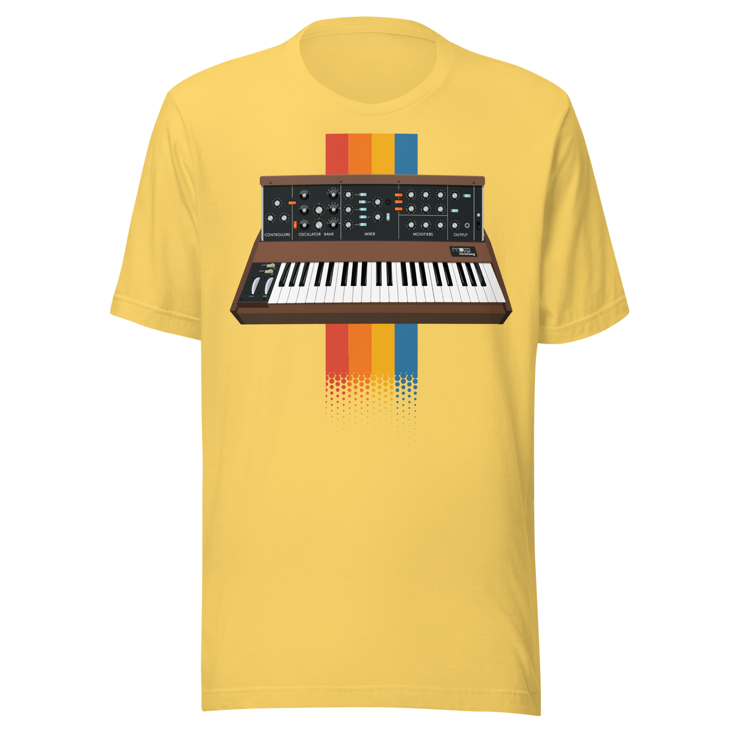 Moog Synthesizer T Shirt yellow tee with Minimoog and Model D-style synth graphic